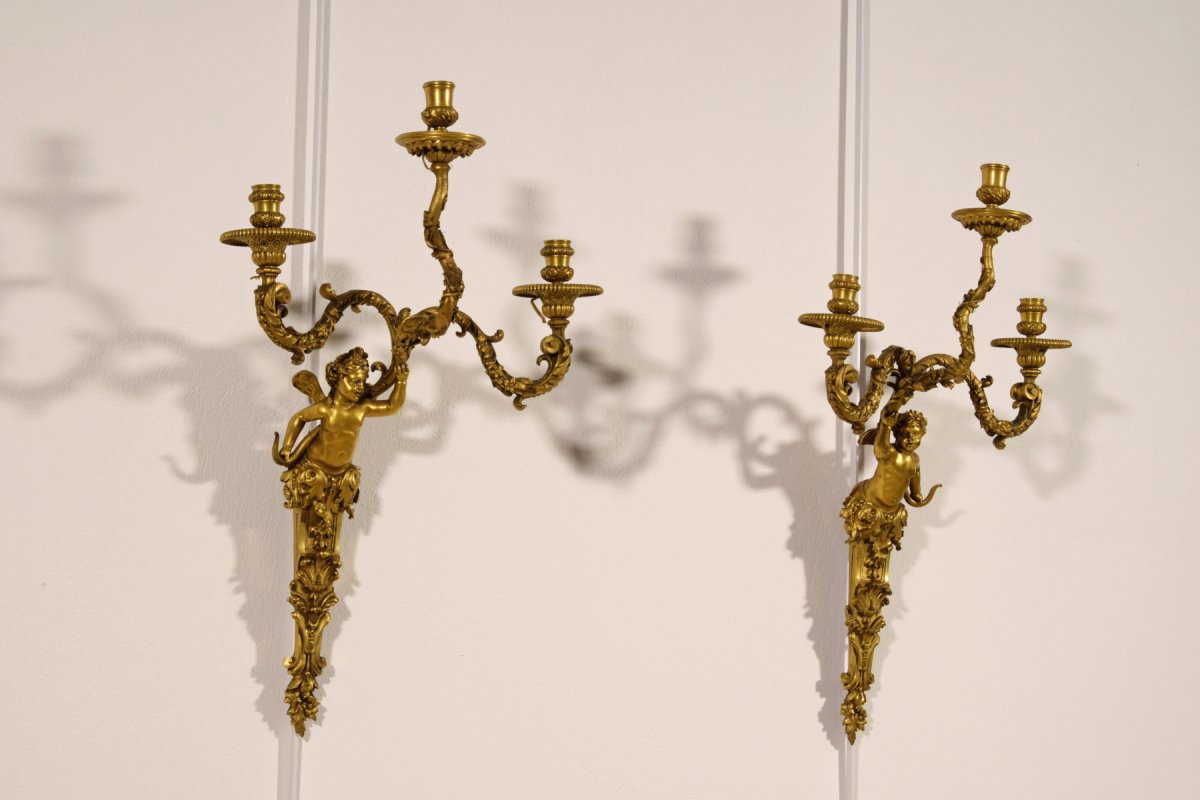 Paire De Appliques à Trois Lumières En Bronze Doré, France XIXe Siècle, Style Louis XV-photo-2