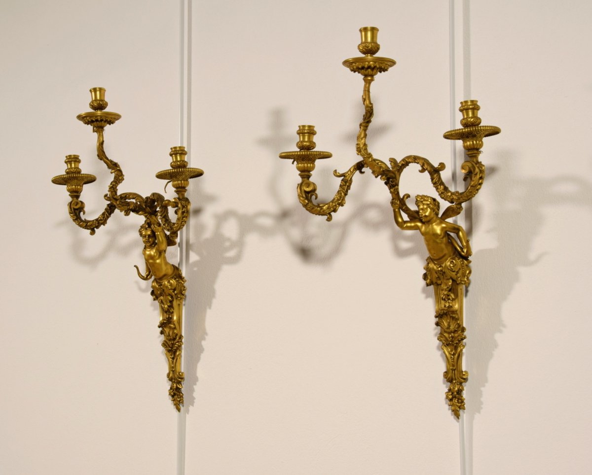 Paire De Appliques à Trois Lumières En Bronze Doré, France XIXe Siècle, Style Louis XV-photo-4