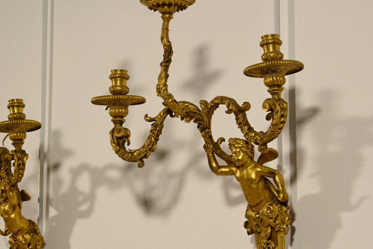 Paire De Appliques à Trois Lumières En Bronze Doré, France XIXe Siècle, Style Louis XV-photo-3