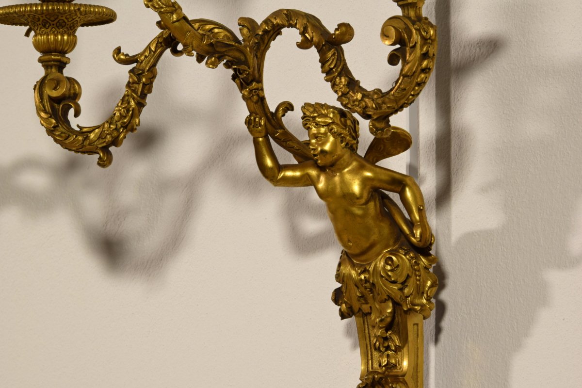 Paire De Appliques à Trois Lumières En Bronze Doré, France XIXe Siècle, Style Louis XV-photo-5