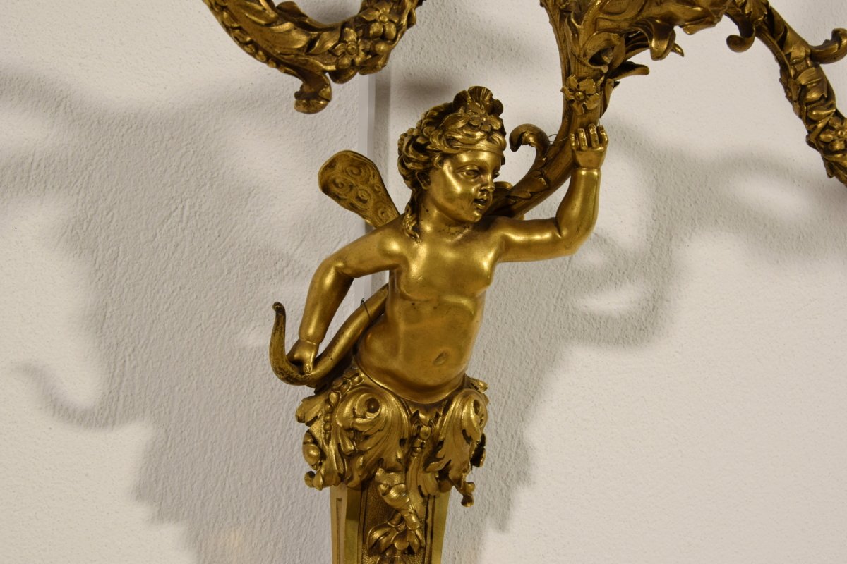 Paire De Appliques à Trois Lumières En Bronze Doré, France XIXe Siècle, Style Louis XV-photo-8