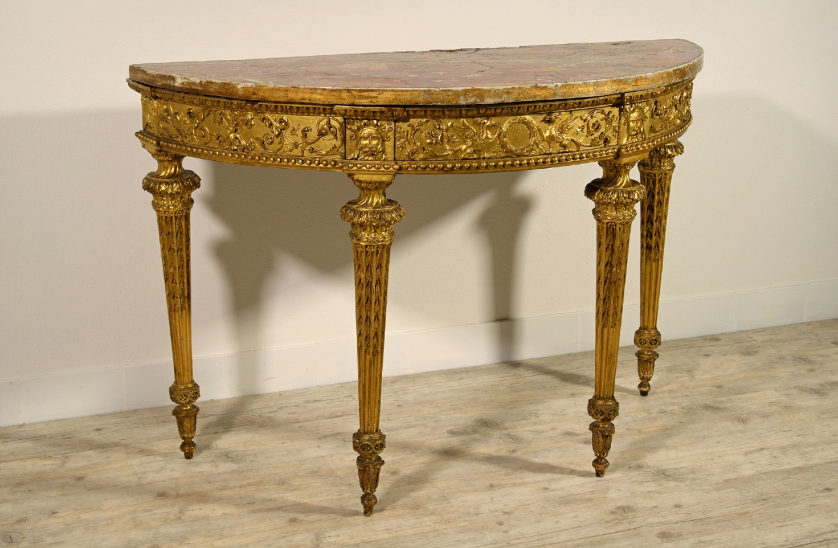 Consolle neoclassica a mezzaluna in legno intagliato e dorato, Roma, fine del XVIII secolo-photo-2