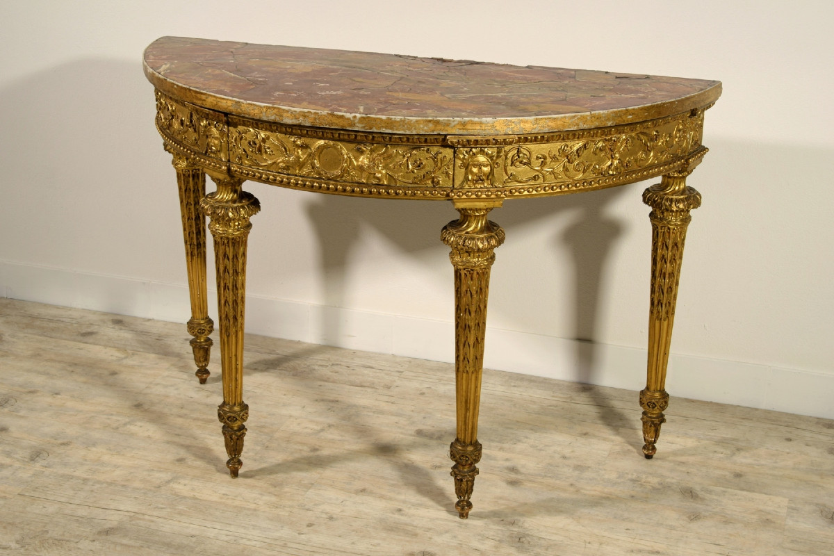 Consolle neoclassica a mezzaluna in legno intagliato e dorato, Roma, fine del XVIII secolo-photo-3