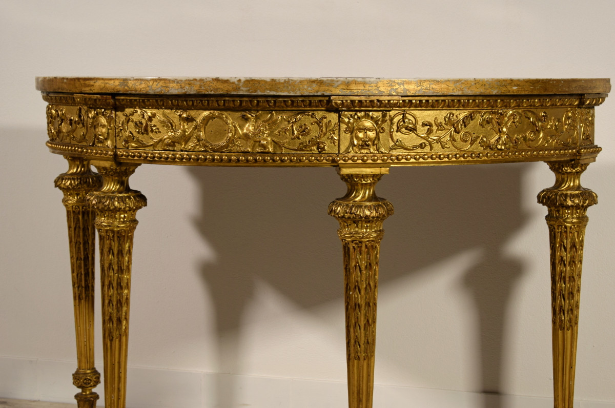 Consolle neoclassica a mezzaluna in legno intagliato e dorato, Roma, fine del XVIII secolo-photo-3