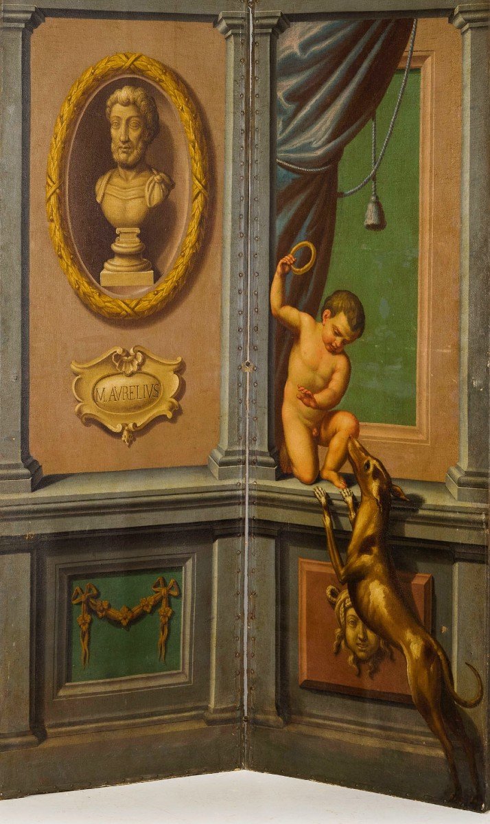 Paravento neoclassico a quattro pannelli dipinti a olio su tela, Italia, XVIII secolo-photo-2