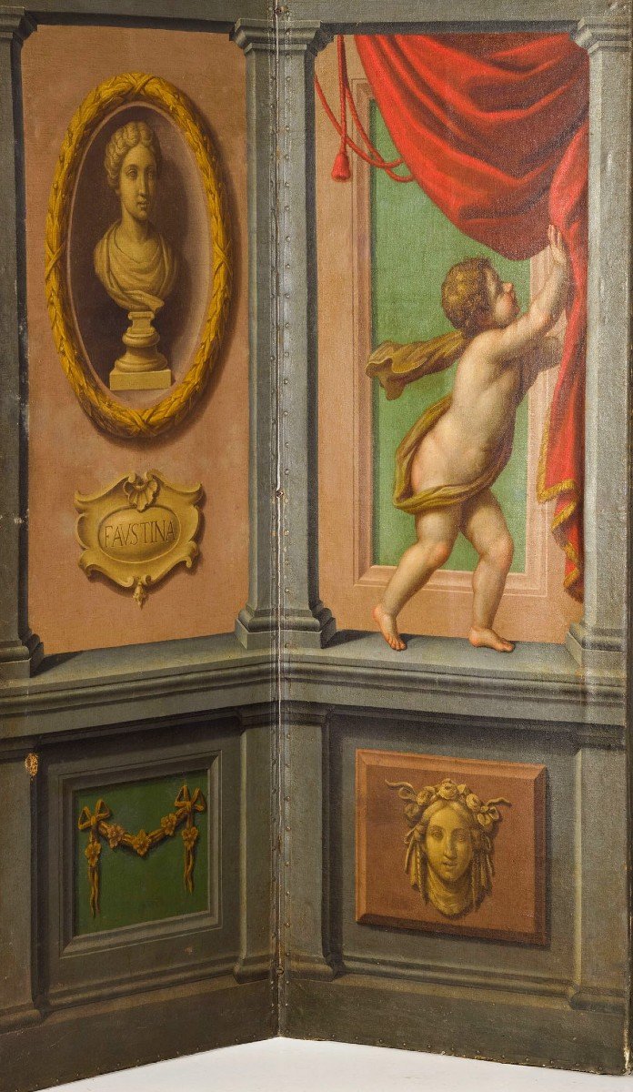 Paravento neoclassico a quattro pannelli dipinti a olio su tela, Italia, XVIII secolo-photo-4