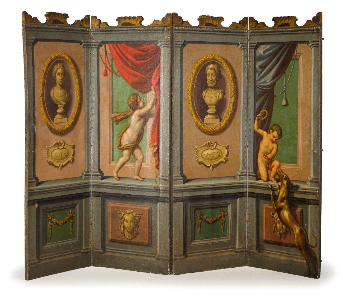 Paravento neoclassico a quattro pannelli dipinti a olio su tela, Italia, XVIII secolo