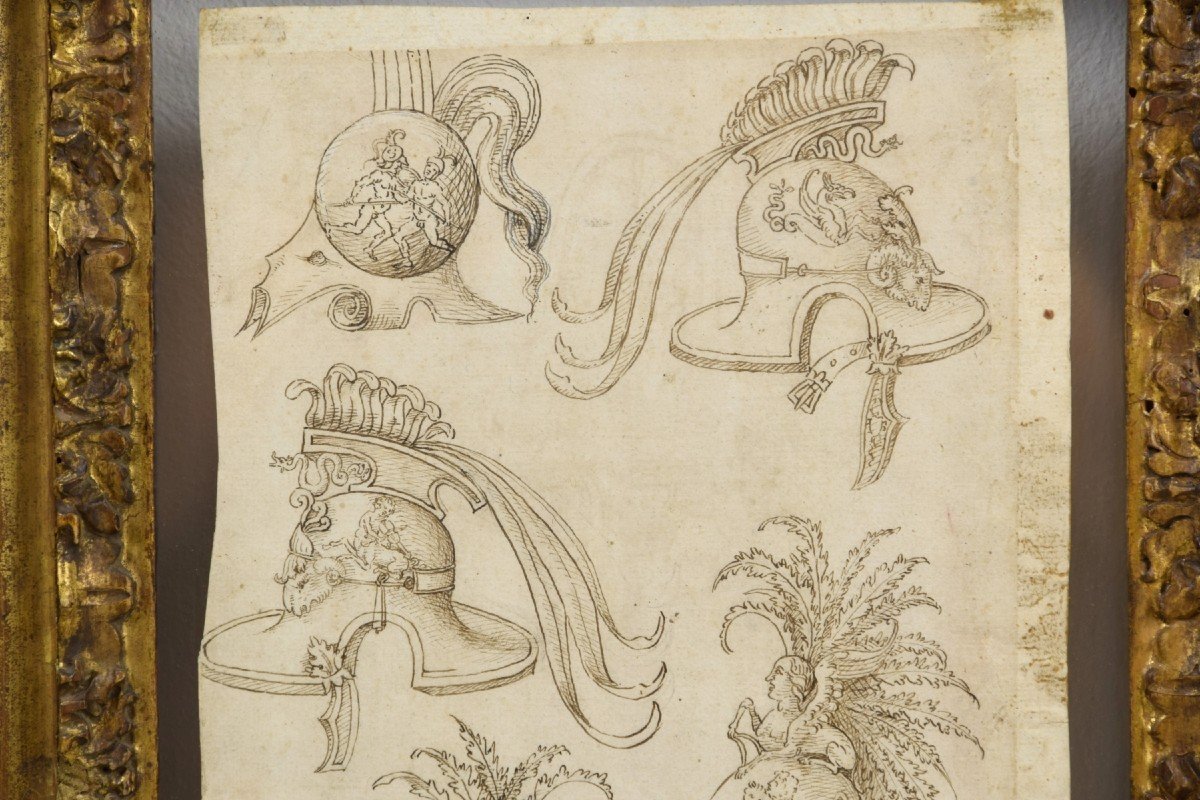 Paire De Dessins En Chine Sur Papier Avec Des études Pour Grotesques, Frises Et Casques-photo-3