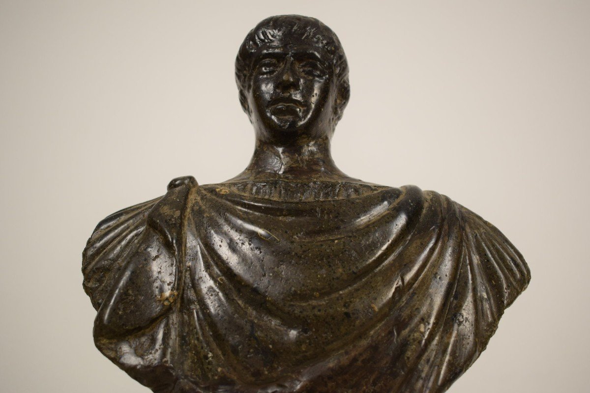 Ancien Buste En Pierre Sculpté, Empereur Romaine, XVIIe Siècle-photo-4