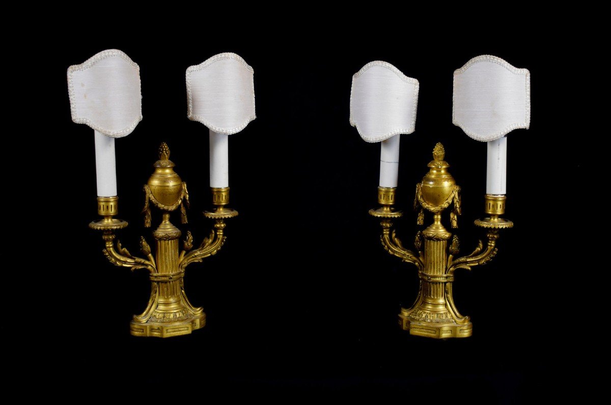 Paire De Lampes Bouillotte à Deux Lumières En Bronze Ciselé Et Doré, France XIXe Siècle-photo-2