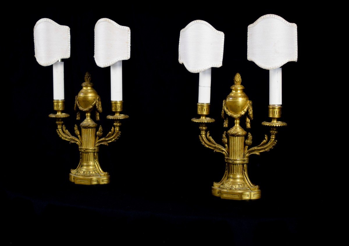 Paire De Lampes Bouillotte à Deux Lumières En Bronze Ciselé Et Doré, France XIXe Siècle-photo-3