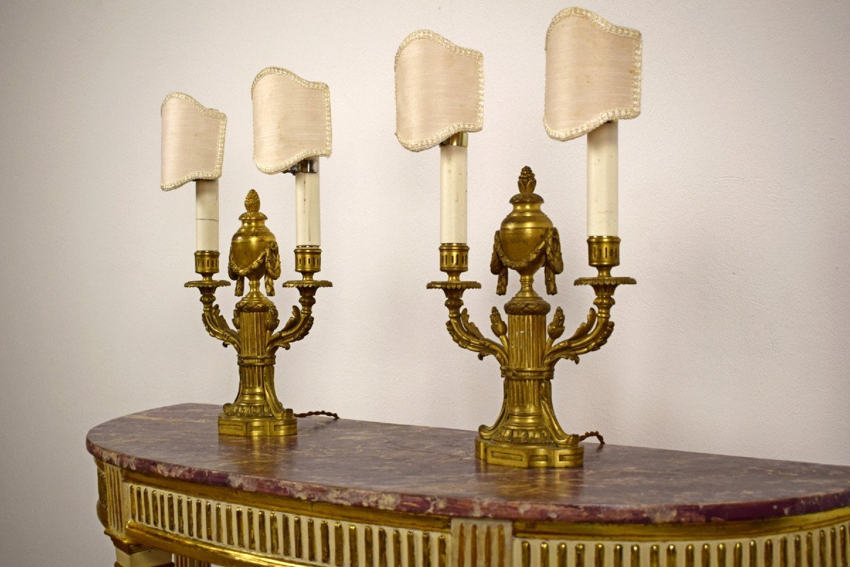 Paire De Lampes Bouillotte à Deux Lumières En Bronze Ciselé Et Doré, France XIXe Siècle-photo-5