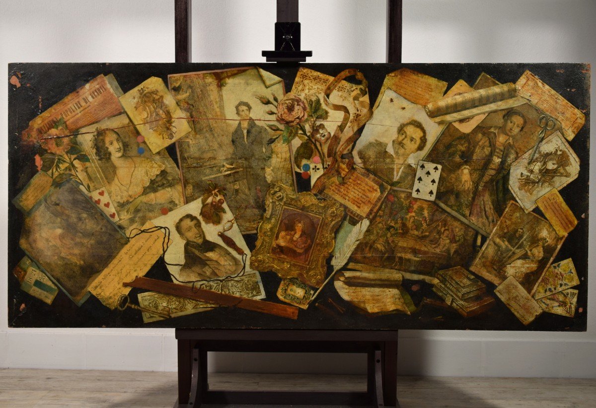 Peinture Huile Sur Table Avec Trompe L’œil Et Collage, Nord De L’italie, Milieu Du XIXe Siècle-photo-2