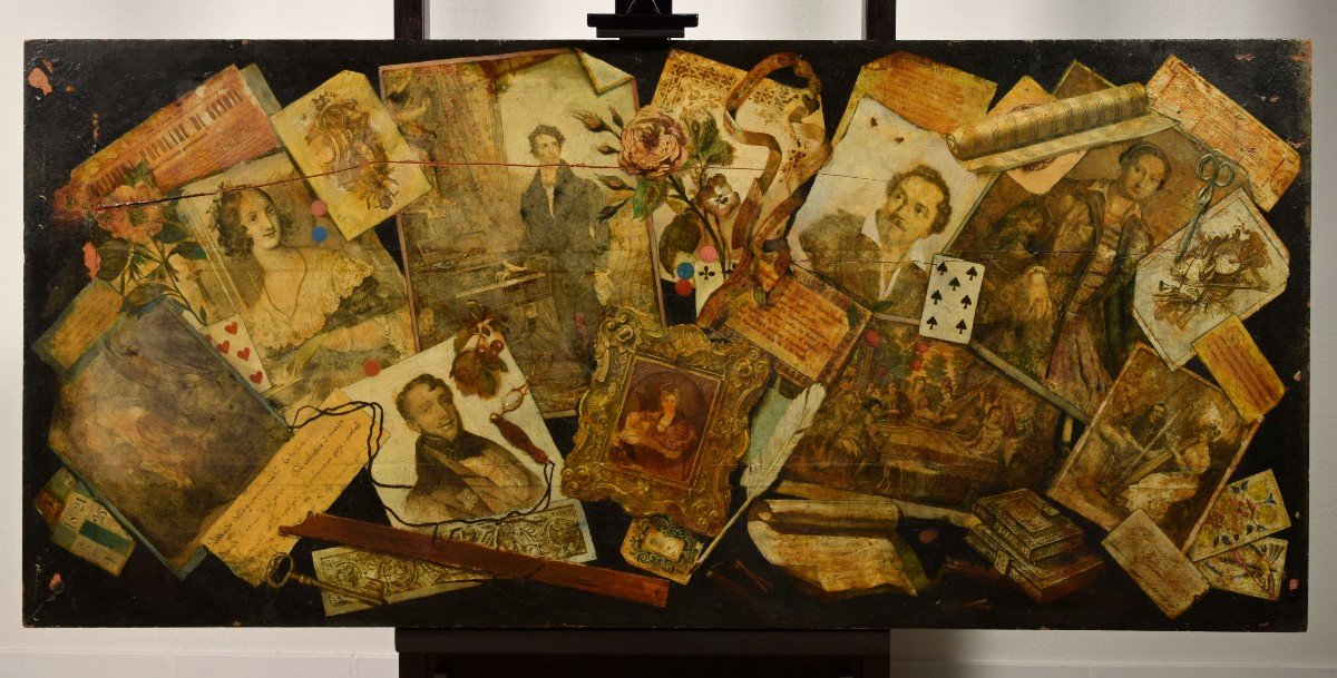 Peinture Huile Sur Table Avec Trompe L’œil Et Collage, Nord De L’italie, Milieu Du XIXe Siècle