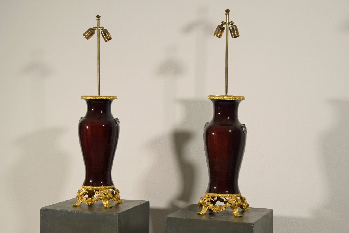  Paire De Lampes Composées De Vase Chinois En Céramique Et Monture En Bronze Doré, France XIXe -photo-4