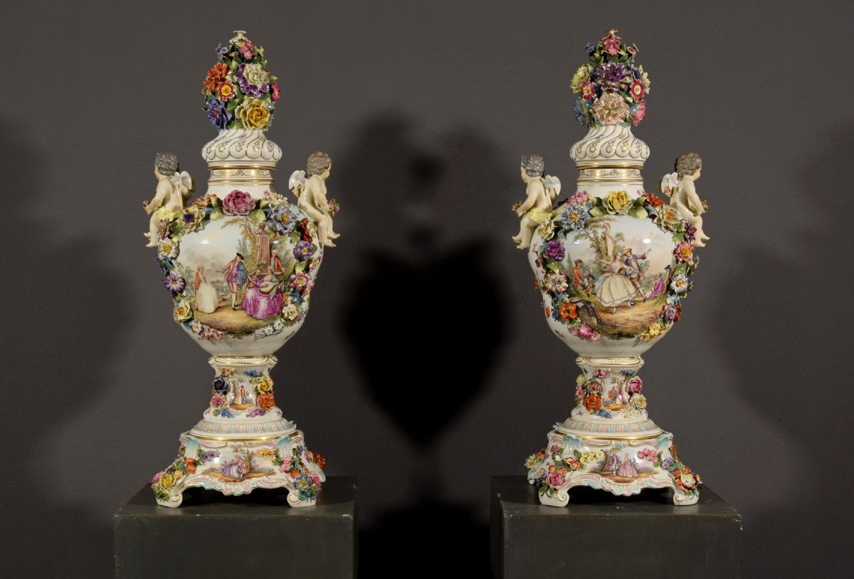 Couple De Vases En Porcelaine Polychrome, Allemagne, XIXe Siècle-photo-2