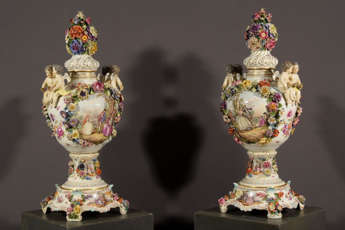 Couple De Vases En Porcelaine Polychrome, Allemagne, XIXe Siècle-photo-3