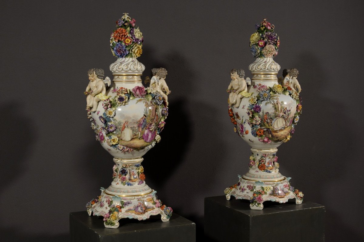Couple De Vases En Porcelaine Polychrome, Allemagne, XIXe Siècle-photo-4