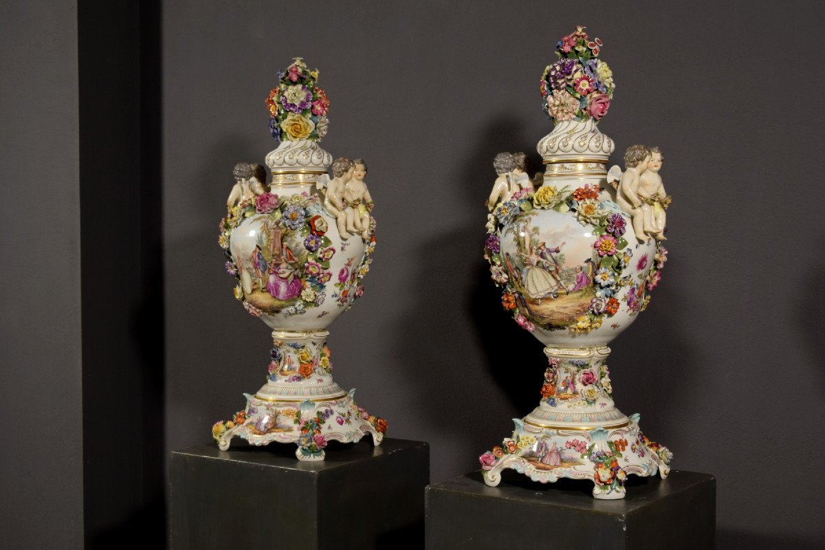 Couple De Vases En Porcelaine Polychrome, Allemagne, XIXe Siècle-photo-4
