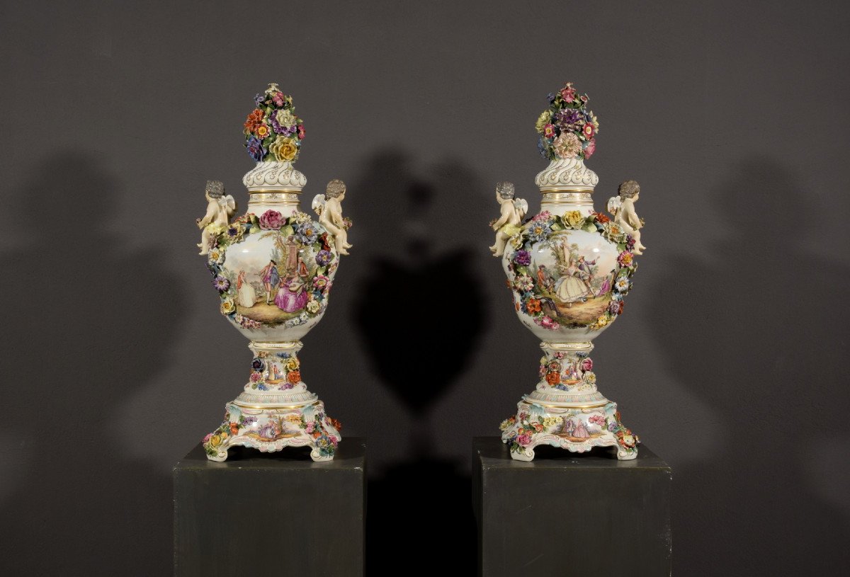 Couple De Vases En Porcelaine Polychrome, Allemagne, XIXe Siècle-photo-5