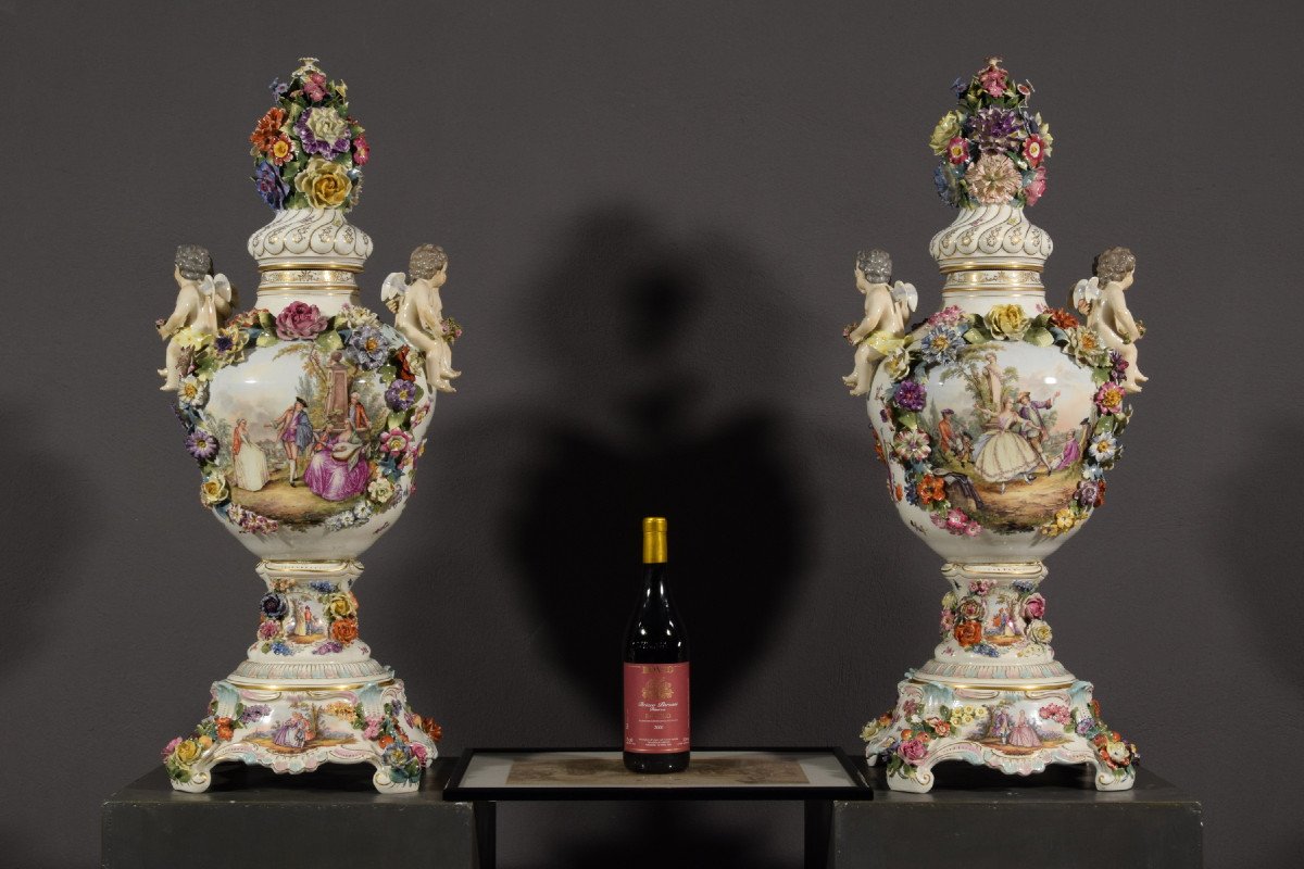 Couple De Vases En Porcelaine Polychrome, Allemagne, XIXe Siècle-photo-6