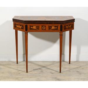 Tavolo consolle trasformabile in tavolino da gioco in legno intarsiato, Inghilterra, XIX sec