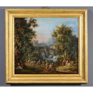 Giovanni Battista Innocenzo Colomba (1713 – 1793)  Paesaggio boscoso con figure, olio su tela