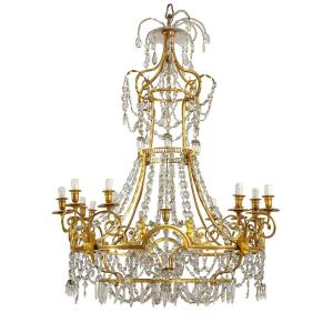Grande lampadario a dodici luci in bronzo dorato e cristallo, Francia, XIX secolo