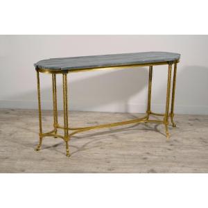 Tavolo consolle da centro in bronzo dorato e marmo bardiglio, Maison Bagues, Francia, XX secolo