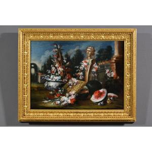 Francesco Lavagna (Napoli 1684-1724), Natura morta con composizione di fiori e anguria