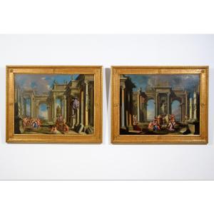 Coppia di Capricci architettonici, XVII secolo, Alberto Carlieri (Roma 1672-1720)