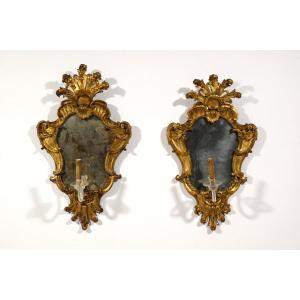 Coppia di specchiere barocche a ventola in legno intagliato e dorato, Torino, XVIII secolo