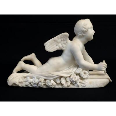 Sculpture En Marbre Blanc, Signée Pompeo Marchesi, Cupidon Qui écrit, 1840