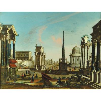 Caprice Architectural Romain Avec Des Personnages, Francesco Chiarottini, Italie XVIIIe Siècle 
