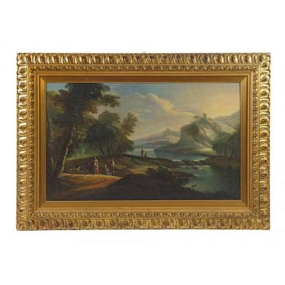 Giovanni Domenico Gambone (1720/ 1793) cerchia di, Paesaggio fluviale con viandanti e pastori, olio su tela