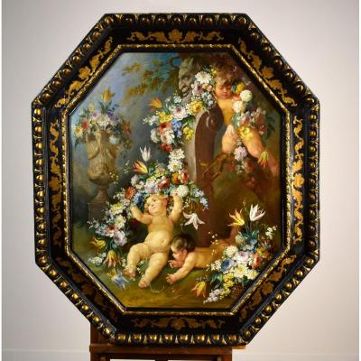 Peintre Romain Du XIXe Siècle,  Nature Morte Avec Putti, Festons De Fleurs, Huile Sur Toile