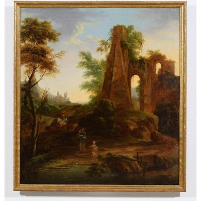 Peinture à L’huile Sur Toile, Paysage Avec Ruines Et Voyageurs, Italie  XVIIIe Siècle