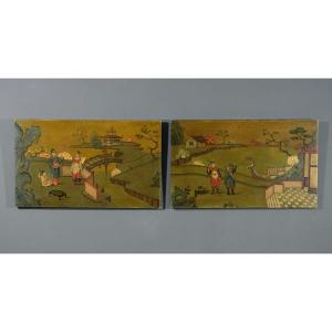 Couple De Peintures Représentant Des Paysages à Chinoiserie, Italie, Début du XXe siècle
