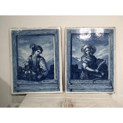Pair Of Portraits On Glazed Ceramic Tiles