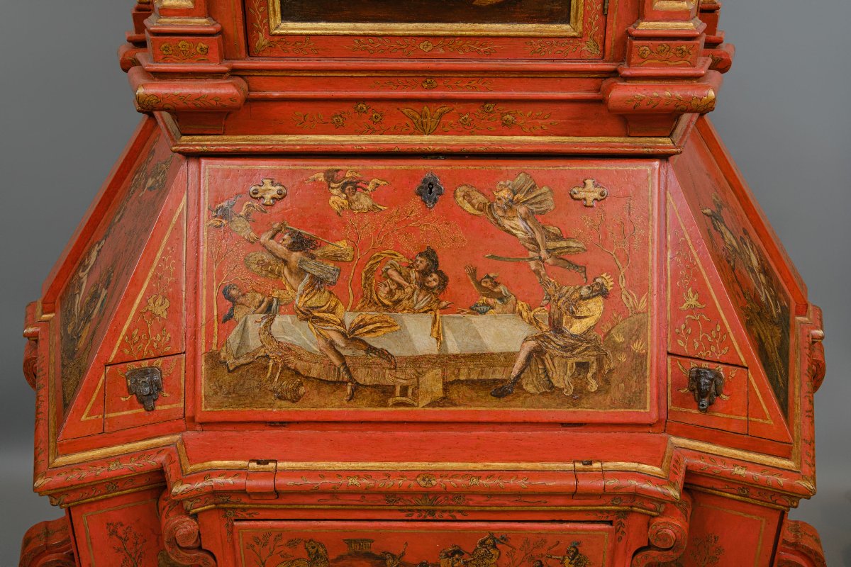 Raro cabinet veneziano laccato rosso e dipinto con motivi mitologici, Venezia XVIII secolo-photo-4