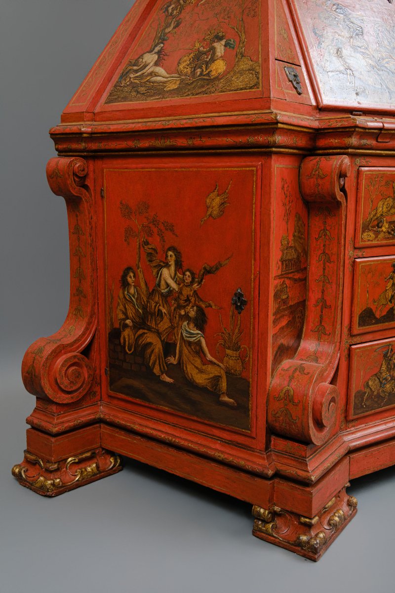 Raro cabinet veneziano laccato rosso e dipinto con motivi mitologici, Venezia XVIII secolo-photo-3