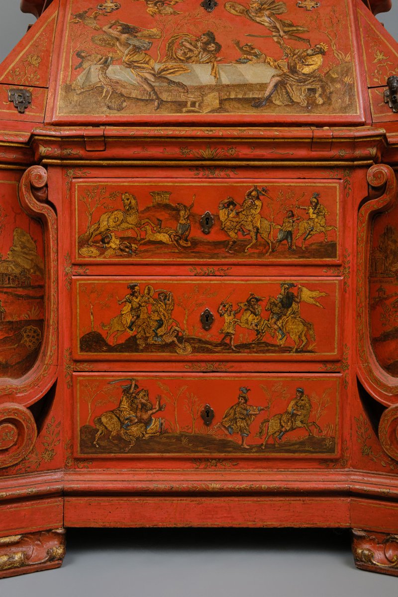 Raro cabinet veneziano laccato rosso e dipinto con motivi mitologici, Venezia XVIII secolo-photo-4