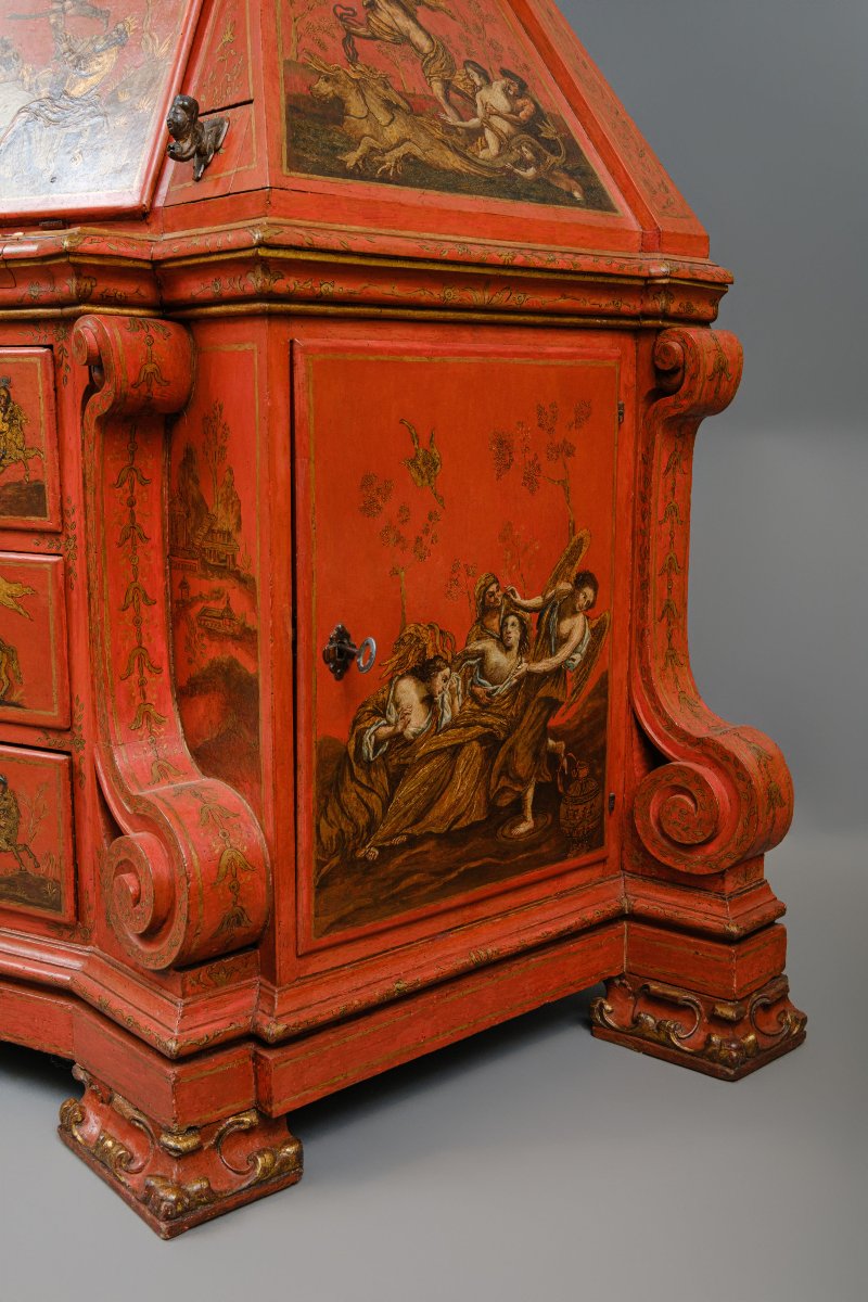 Raro cabinet veneziano laccato rosso e dipinto con motivi mitologici, Venezia XVIII secolo-photo-5