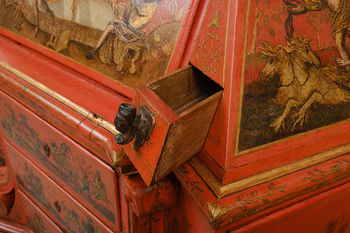 Raro cabinet veneziano laccato rosso e dipinto con motivi mitologici, Venezia XVIII secolo-photo-7