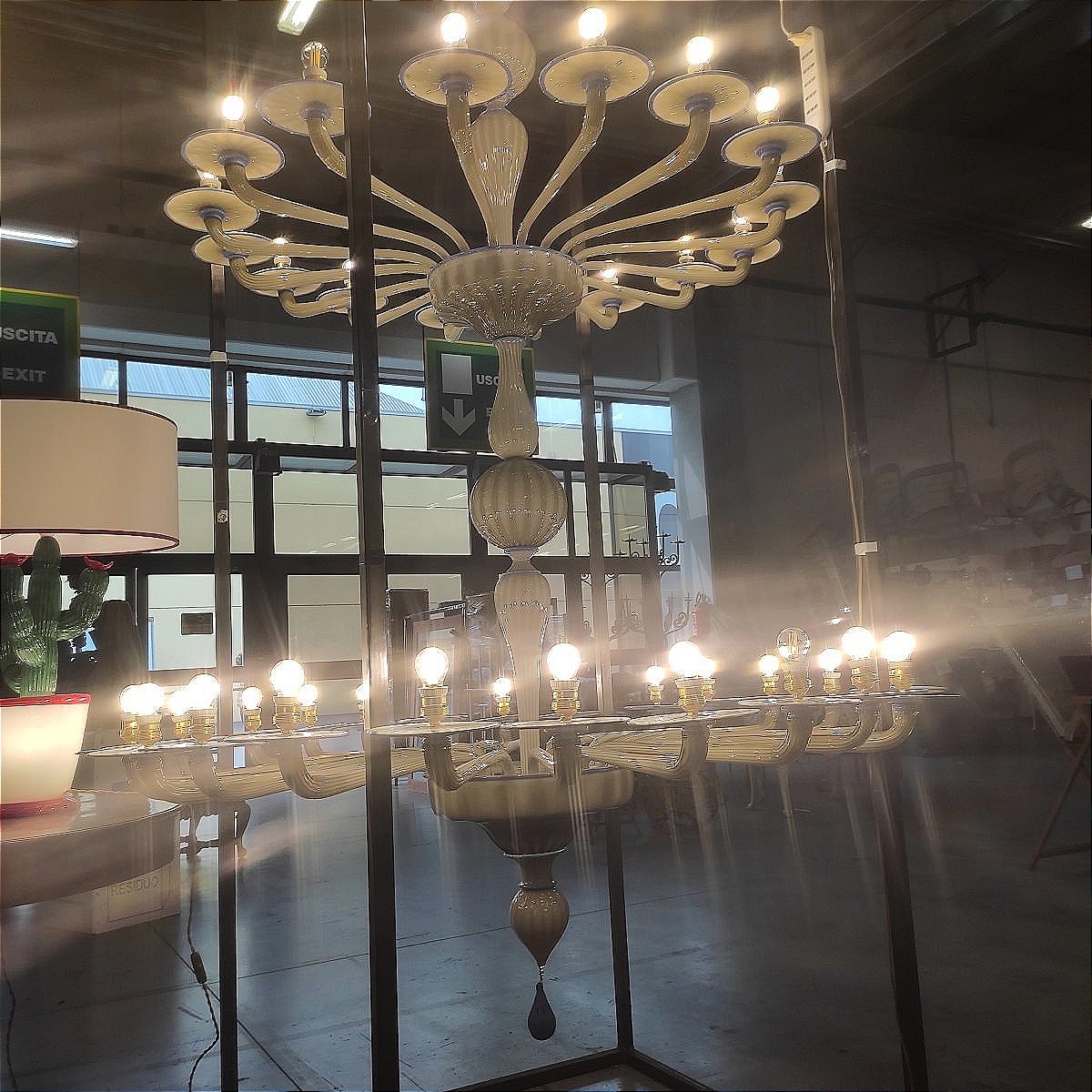 Grande lampadario a tre palchi in vetro di Murano 1930-photo-2