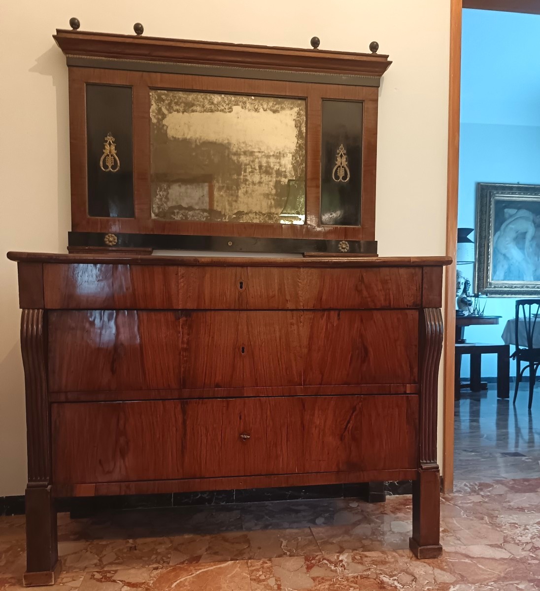 Comò in noce bolognese con specchiera 1810 Impero