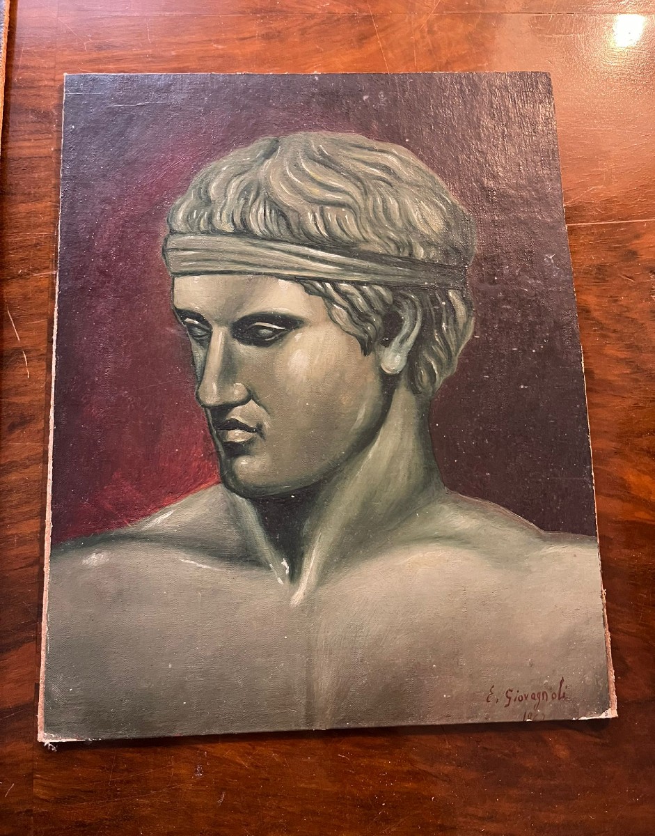 Olio su tela del 1950 volto di atleta-photo-2