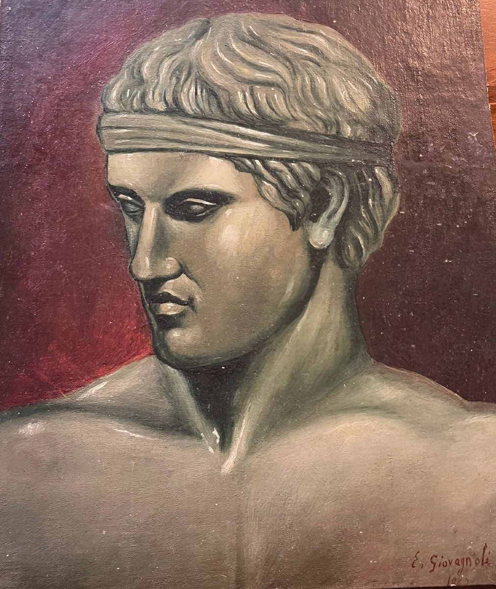 Olio su tela del 1950 volto di atleta-photo-3