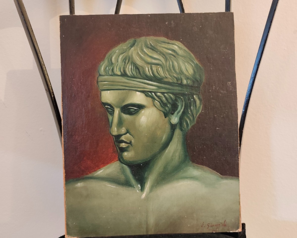 Olio su tela del 1950 volto di atleta
