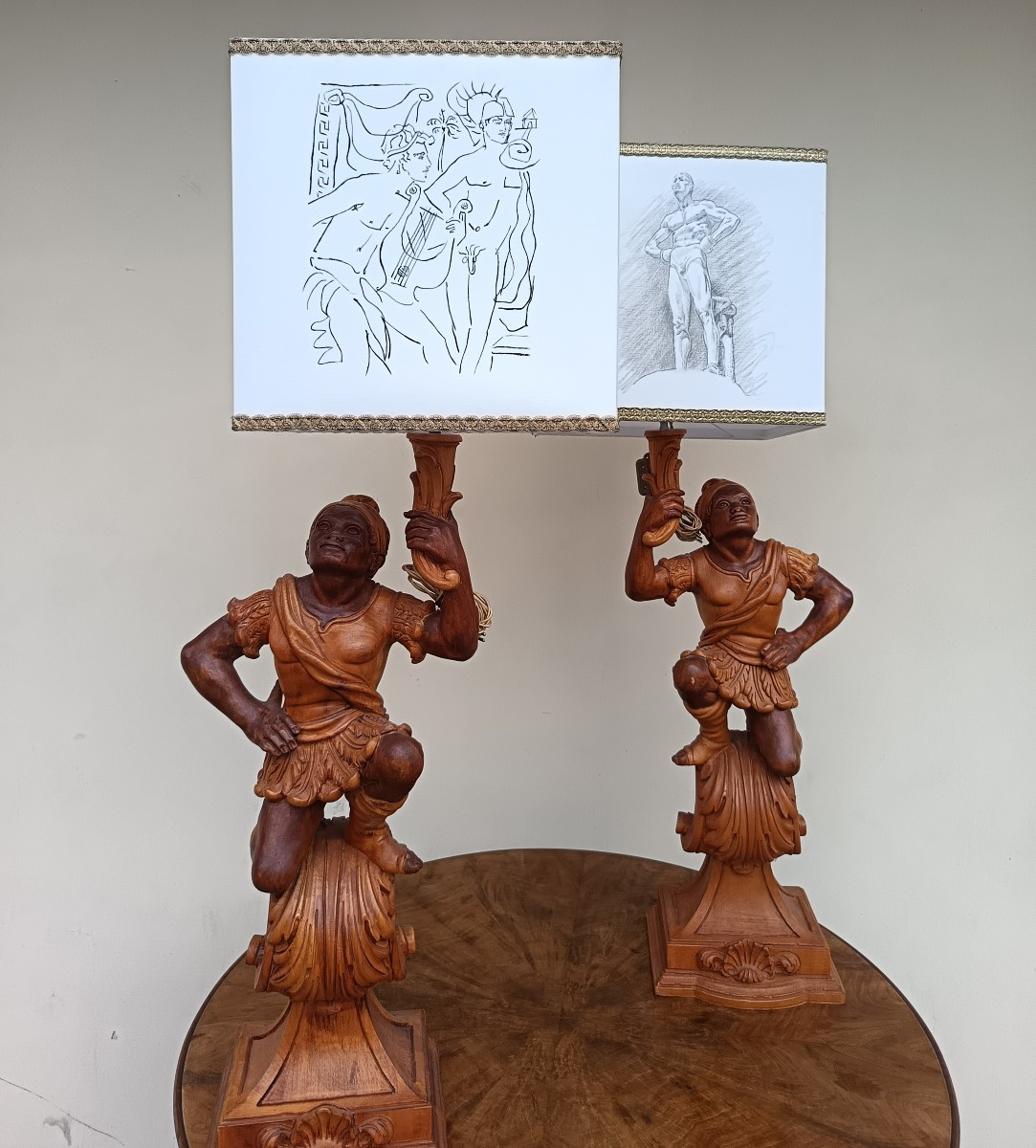 Coppia di lampade veneziane 1950 ragazzi giovani in legno-photo-3